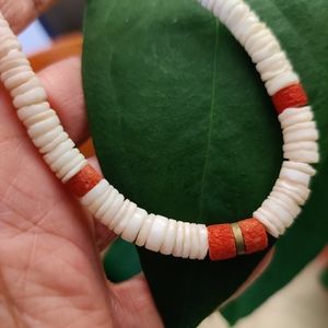 Genuine White Puka Shells and Red Coral Stems Graduated Necklace